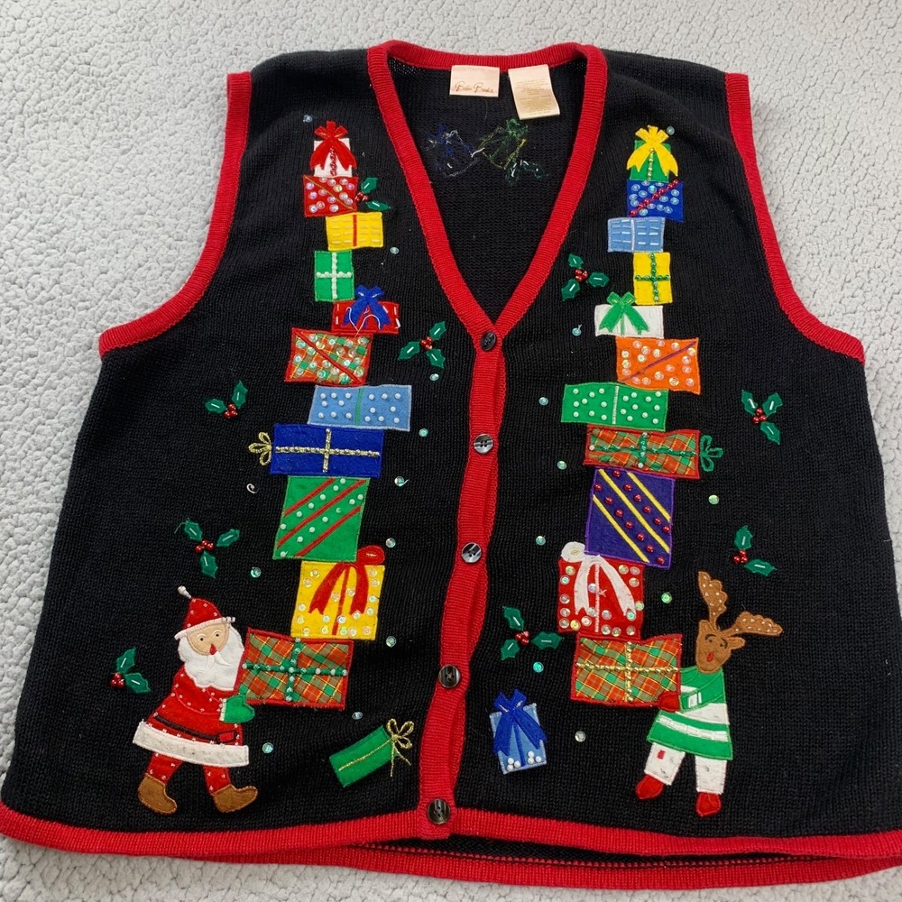 Bobbie Brooks Sweater Vest Womens XL Black Christmas Santa Reindeer Ramie Cotton